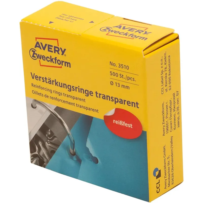 AVERY Zweckform 3510 Lochverstärker selbstklebend 500 Stück (Ø13mm, Lochverstärkungsringe auf Rolle, permanent haftende Ringverstärker, Ringlochverstärker fürs Abheften, reißfeste Folie) transparent