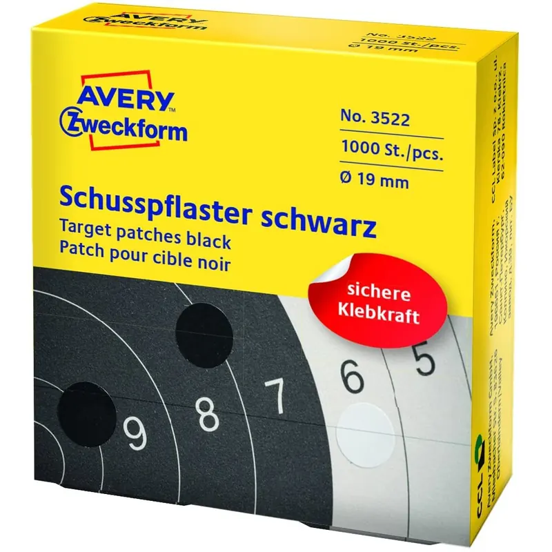 AVERY Zweckform 3522 Schusspflaster 1.000 Stück (Ø19mm, Zielscheibe, Schießsport, Schützensport, Schützenverein, Schützenscheibe, runde Aufkleber, permanent, Markierungspunkt, im Spender) schwarz