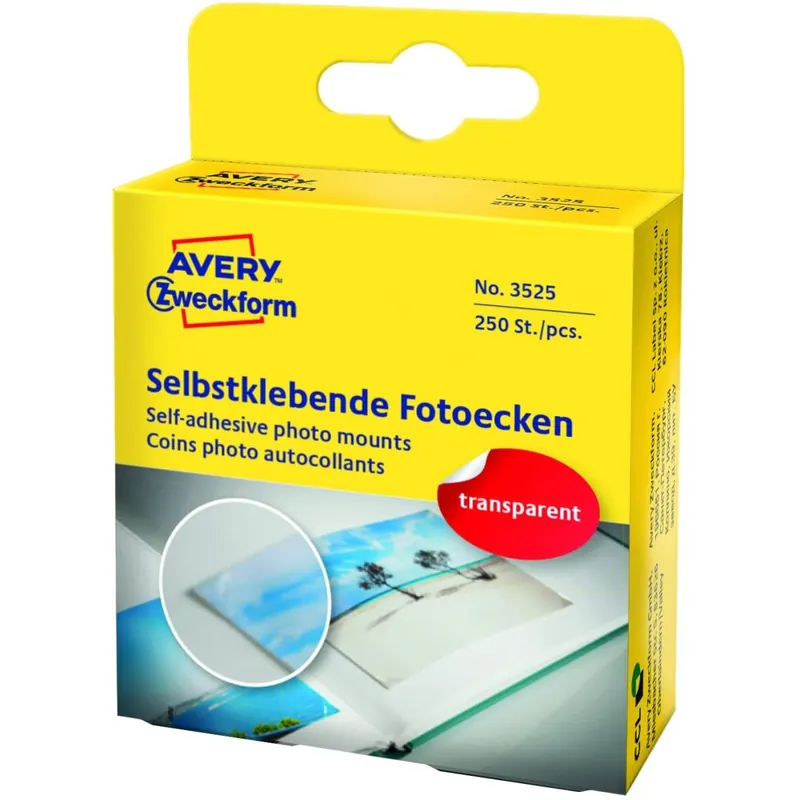 AVERY Zweckform 3525 Fotoecken selbstklebend 250 Stück (17x18mm, Foto Zubehör, Aufkleber für Scrapbooking, Fotoalbum, Bullet-Journal, Erinnerungsbuch, Bilder, im praktischen Spender) weiß/transparent