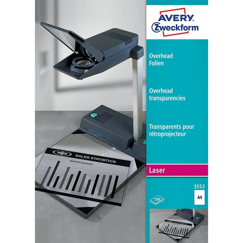 AVERY Zweckform 3552 Overhead-Folien für S/W Laserdrucker und -Kopierer (100 Transparentfolien, A4, spezialbeschichtet, stapelverarbeitbar, Folienstärke 0,10 mm, lösemittelfrei)