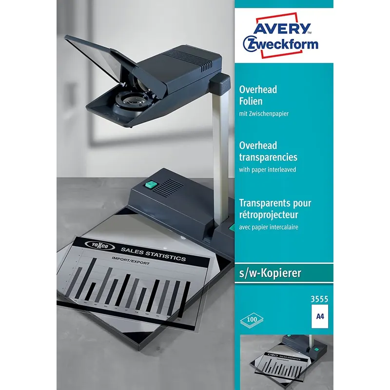 AVERY Zweckform 3555 Overhead-Folien für S/W Kopierer (100 Transparentfolien, A4, unbeschichtet, nur für Einzelblatteinzug, mit Zwischenpapier, Folienstärke 0,10mm, lösemittelfrei)
