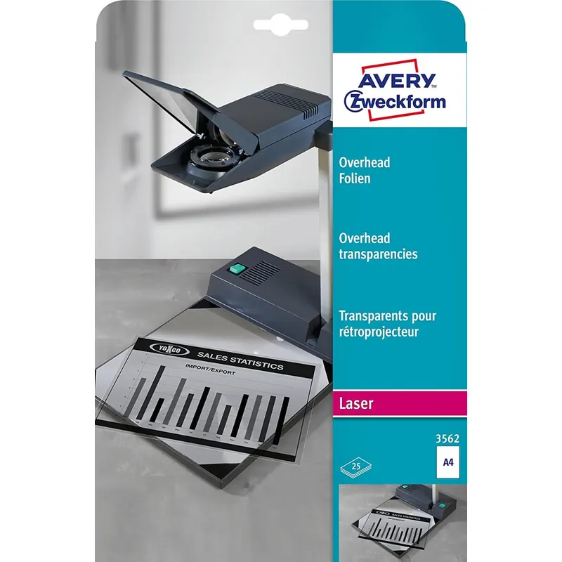 AVERY Zweckform 3562 Overhead-Folien für S/W Laserdrucker und -Kopierer (25 Transparentfolien, A4, spezialbeschichtet, stapelverarbeitbar, Folienstärke 0,10mm, lösemittelfrei)