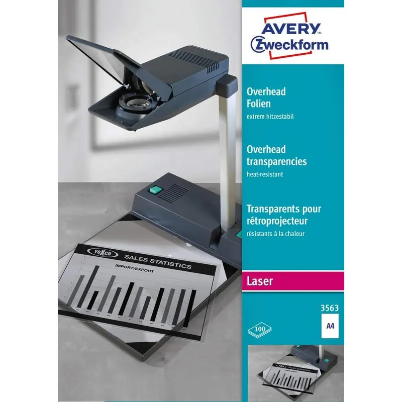 AVERY Zweckform 3563 Overhead-Folien für S/W Laserdrucker und -Kopierer (100 Transparentfolien, A4, spezialbeschichtet, stapelverarbeitbar, extrem hitzestabil durch erhöhte Folienstärke 0,13mm)