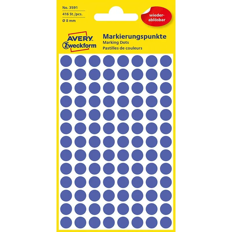 AVERY Zweckform 3591 selbstklebende Markierungspunkte 416 Stück (Ø 8mm, ablösbare Klebepunkte auf 4 Bogen, Farbcodierung, runde Aufkleber für Kalender, Planer und zum Basteln, Papier) blau