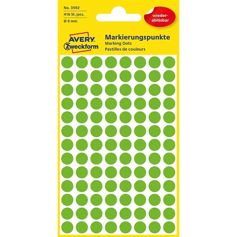 AVERY Zweckform 3592 selbstklebende Markierungspunkte 416 Stück (Ø 8mm, ablösbare Klebepunkte auf 4 Bogen, Farbcodierung, runde Aufkleber für Kalender, Planer und zum Basteln, Papier) grün