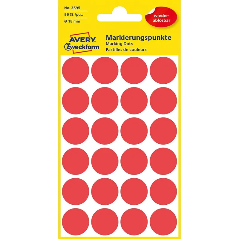 AVERY Zweckform 3595 selbstklebende Markierungspunkte 96 Stück (Ø18mm, ablösbare Klebepunkte auf 4 Bogen, Farbcodierung, runde Aufkleber für Kalender, Planer und zum Basteln, Papier) rot