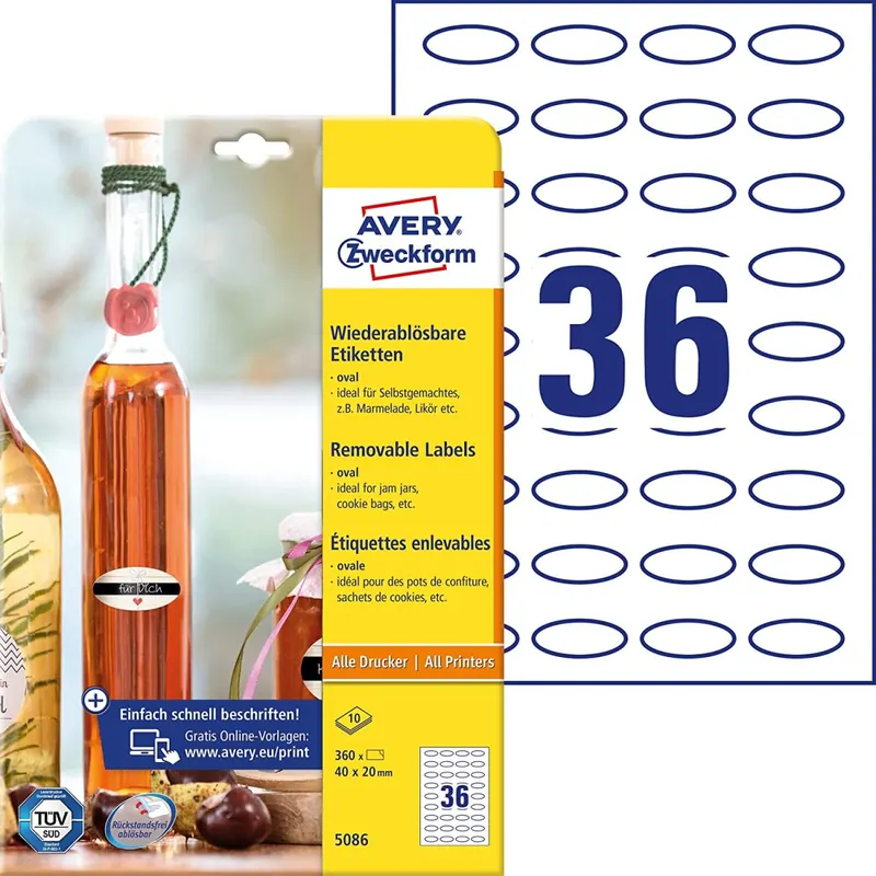 AVERY Zweckform 360 Flaschenetiketten selbstklebend (40x20 mm, Oval, Aufkleber Ideal für Einmachgläser, Gewürzgläser, Likörflaschen, Selbstgemachtes aus Der Küche, Art. 5086) 10 Blatt Weiß