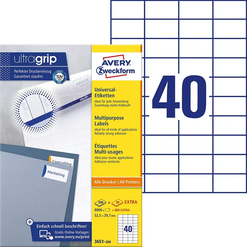 AVERY Zweckform 3651-200 Universal Etiketten (8.000 plus 800 Klebeetiketten extra, 52,5x29,7mm auf A4, Papier matt, individuell bedruckbar, selbstklebende Aufkleber mit ultragrip) 220 Blatt, weiß