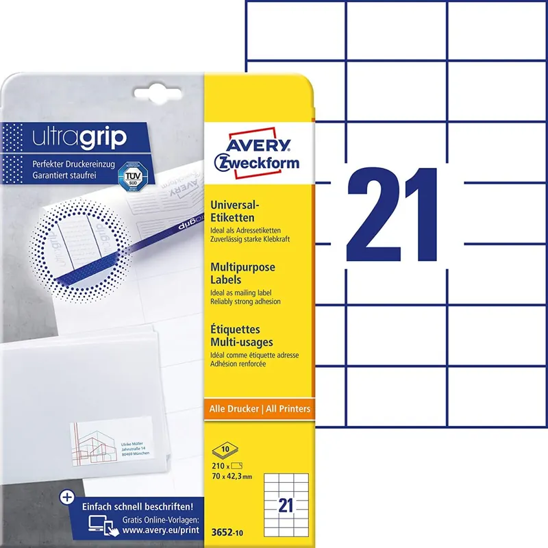 AVERY Zweckform 3652-10 Adressaufkleber (mit ultragrip, 70 x 42,3 mm auf DIN A4, Papier matt, bedruckbare, selbstklebende Adressetiketten, 210 Klebeetiketten auf 10 Blatt) weiß