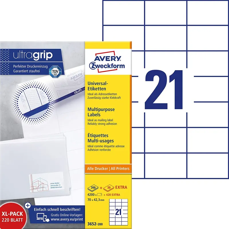 AVERY Zweckform 3652-200 Adressaufkleber (4.200 plus 420 Klebeetiketten extra, 70x42,3mm auf A4, bedruckbare Absenderetiketten, selbstklebende Adressetiketten mit ultragrip) 220 Blatt, weiß