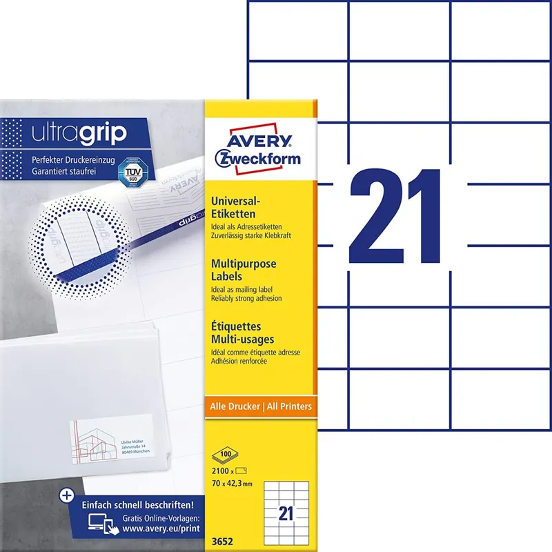 AVERY Zweckform 3652 Adressaufkleber (2.100 Klebeetiketten, 70x42,3mm auf A4, Papier matt, bedruckbare Absenderetiketten, selbstklebende Adressetiketten mit ultragrip) 100 Blatt, weiß