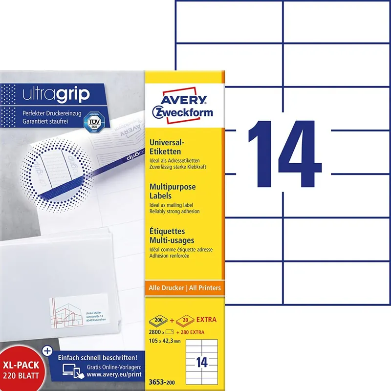AVERY Zweckform 3653-200 Adressaufkleber (2.800 plus 280 Klebeetiketten extra, 105x42,3mm auf A4, bedruckbare Absenderetiketten, selbstklebende Adressetiketten mit ultragrip) 220 Blatt, weiß