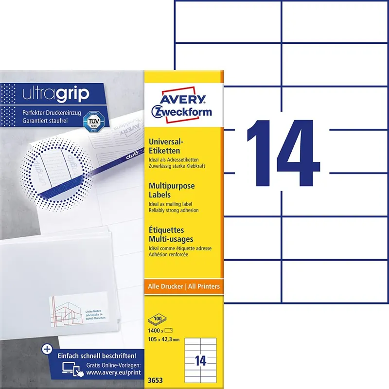 AVERY Zweckform 3653 Adressaufkleber (1.400 Klebeetiketten, 105x42,3mm auf A4, Papier matt, individuell bedruckbare Absenderetiketten, selbstklebende Adressetiketten mit ultragrip) 100 Blatt, weiß