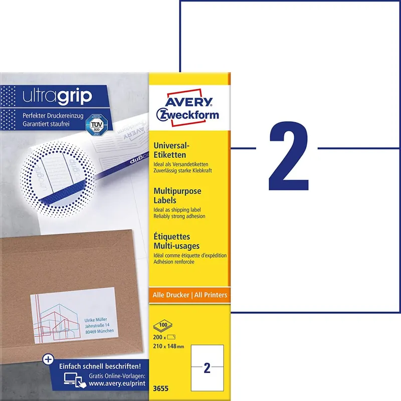 AVERY Zweckform 3655 Universal Etiketten (200 Klebeetiketten, 210x148mm auf A4, bedruckbare Versandetiketten, selbstklebende Versandaufkleber mit ultragrip, DHL) 100 Blatt, weiß