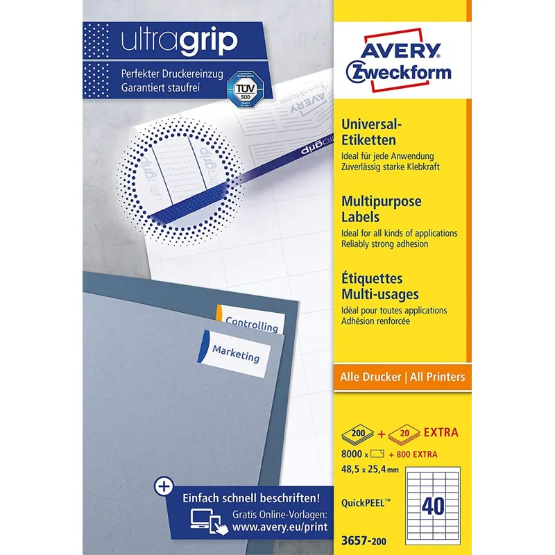AVERY Zweckform 3657-200 Universal Etiketten (8.000 plus 800 Klebeetiketten extra, 48,5x25,4mm auf A4, Papier matt, individuell bedruckbar, selbstklebende Aufkleber mit ultragrip) 220 Blatt, weiß