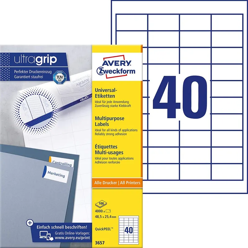AVERY Zweckform 3657 Universal Etiketten (4.000 Klebeetiketten, 48,5x25,4mm auf A4, Papier matt, individuell bedruckbar, selbstklebende Aufkleber mit ultragrip) 100 Blatt, weiß
