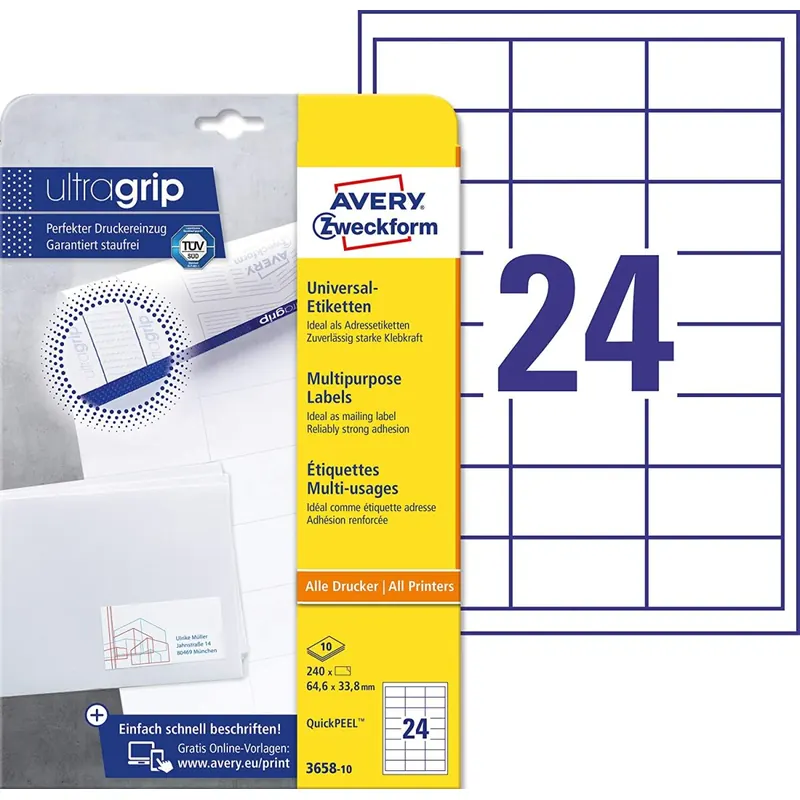 AVERY Zweckform 3658-10 Adressaufkleber (mit ultragrip, 64,6 x 33,8 mm auf DIN A4, Papier matt, bedruckbare, selbstklebende Adressetiketten, 240 Klebeetiketten auf 10 Blatt) weiß
