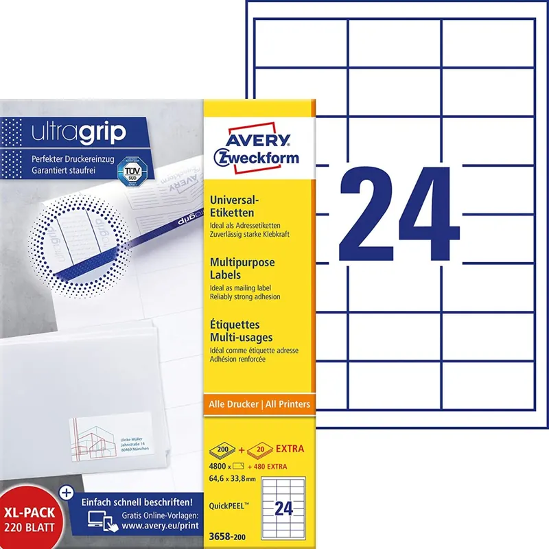 AVERY Zweckform 3658-200 Adressaufkleber (4.800 plus 480 Klebeetiketten extra, 64,6x33,8mm auf A4, bedruckbare Absenderetiketten, selbstklebende Adressetiketten mit ultragrip) 220 Blatt, weiß