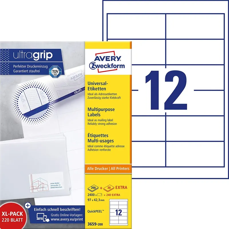 AVERY Zweckform 3659-200 Adressaufkleber (2.400 plus 240 Klebeetiketten extra, 97x42,3mm auf A4, bedruckbare Absenderetiketten, selbstklebende Adressetiketten mit ultragrip) 220 Blatt, weiß