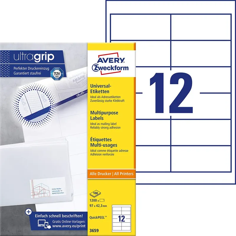AVERY Zweckform 3659 Adressaufkleber (1.200 Klebeetiketten, 97x42,3mm auf A4, Papier matt, bedruckbare Absenderetiketten, selbstklebende Adressetiketten mit ultragrip) 100 Blatt, weiß