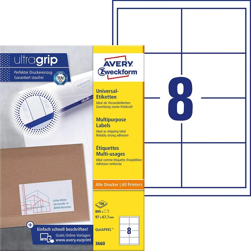 AVERY Zweckform 3660 Universal Etiketten (800 Klebeetiketten, 97x67,7mm auf A4, Papier matt, bedruckbare Versandetiketten, selbstklebende Versandaufkleber mit ultragrip) 100 Blatt, weiß