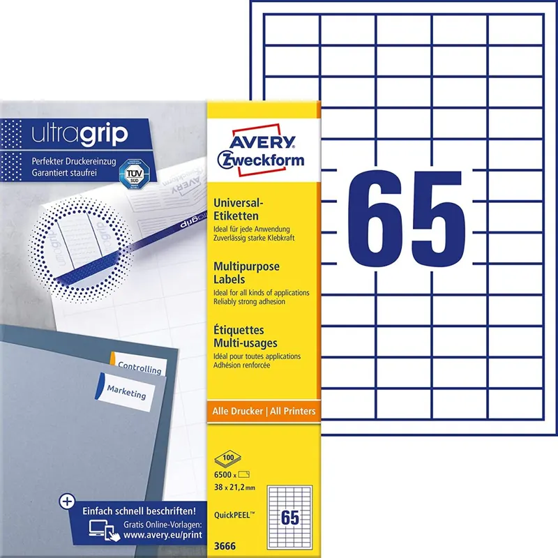 AVERY Zweckform 3666 Universal Etiketten (6.500 Klebeetiketten, 38x21,2mm auf A4, Papier matt, individuell bedruckbar, selbstklebende Aufkleber mit ultragrip) 100 Blatt, weiß