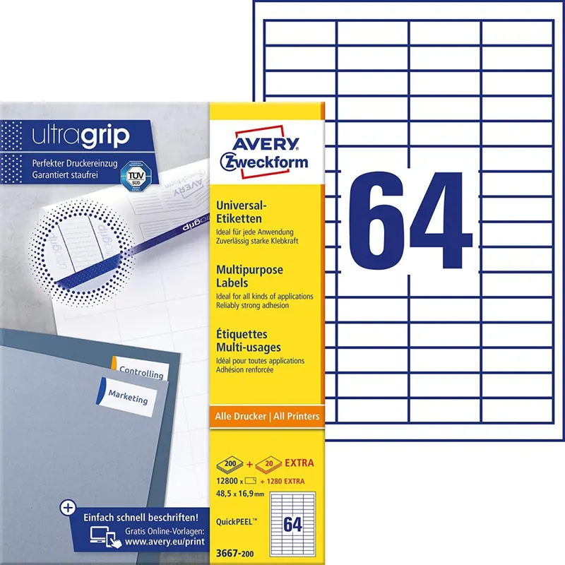 AVERY Zweckform 3667-200 Universal Etiketten (12.800 plus 1.280 Klebeetiketten extra, 48,5x16,9mm auf A4, Papier matt, individuell bedruckbar, selbstklebende Aufkleber mit ultragrip) 220 Blatt, weiß