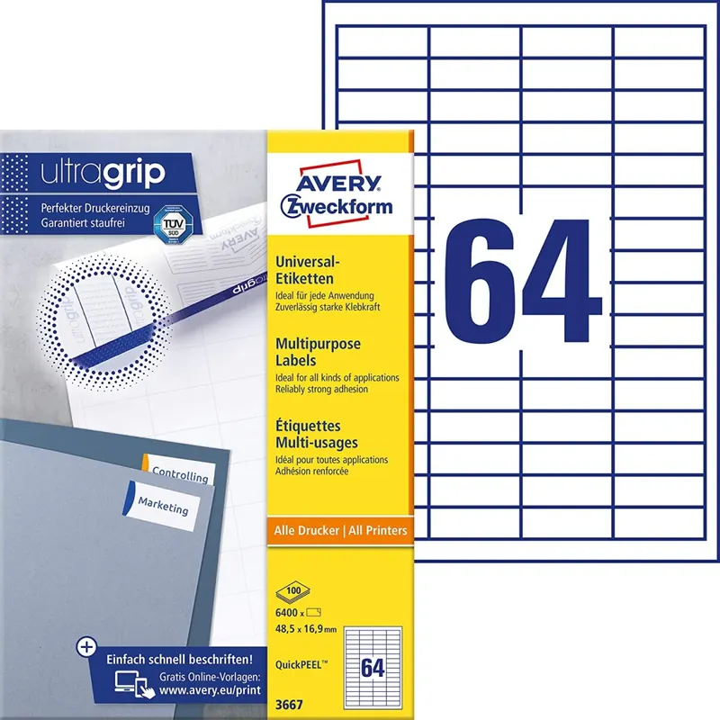 AVERY Zweckform 3667 Universal Etiketten (6.400 Klebeetiketten, 48,5x16,9mm auf A4, Papier matt, individuell bedruckbar, selbstklebende Aufkleber mit ultragrip) 100 Blatt, weiß