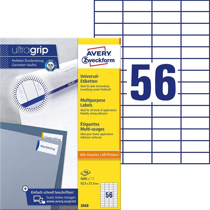 AVERY Zweckform 3668 Universal Etiketten (5.600 Klebeetiketten, 52,5x21,2mm auf A4, Papier matt, individuell bedruckbar, selbstklebende Aufkleber mit ultragrip) 100 Blatt, weiß