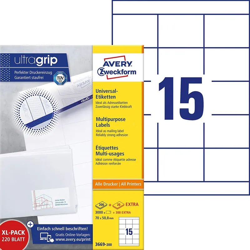 AVERY Zweckform 3669-200 Adressaufkleber (3.000 plus 300 Klebeetiketten extra, 70x50,8mm auf A4, bedruckbare Absenderetiketten, selbstklebende Adressetiketten mit ultragrip) 220 Blatt, weiß