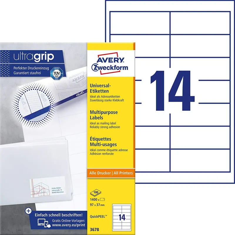 AVERY Zweckform 3678 Adressaufkleber (1.400 Klebeetiketten, 97x37mm auf A4, Papier matt, individuell bedruckbare Absenderetiketten, selbstklebende Adressetiketten mit ultragrip) 100 Blatt, weiß