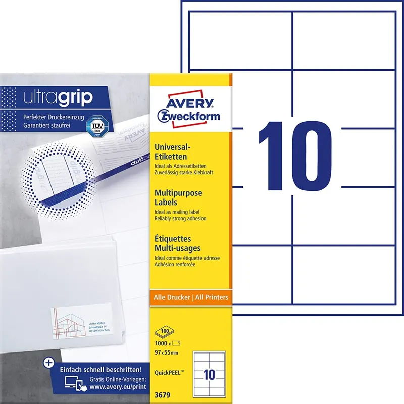 AVERY Zweckform 3679 Adressaufkleber (1.000 Klebeetiketten, 97x55mm auf A4, Papier matt, individuell bedruckbare Absenderetiketten, selbstklebende Adressetiketten mit ultragrip) 100 Blatt, weiß