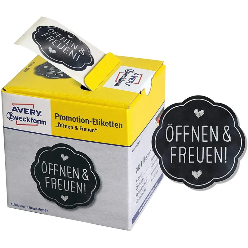 AVERY Zweckform 3845 Geschenkaufkleber Öffnen und Freuen 200 Stück (Ø38mm blumenförmige Etiketten auf Rolle, Geschenk Sticker selbstklebend ideal für Gutscheine, Geschenkverpackungen) grau/silber