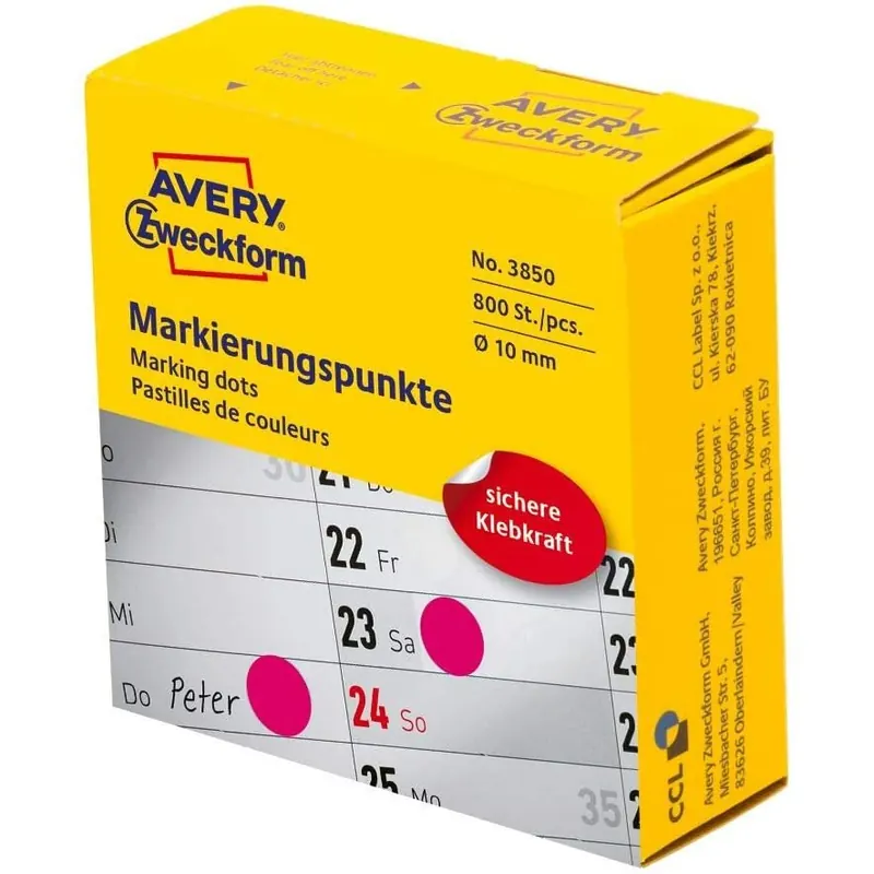 AVERY Zweckform 3850 selbstklebende Markierungspunkte 800 Stück (Ø10mm, Klebepunkte auf Rolle im Spender, Punktaufkleber zur Farbcodierung, runde Aufkleber für Kalender, Planer und zum Basteln) pink
