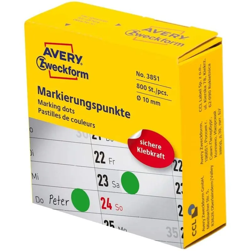 AVERY Zweckform 3851 selbstklebende Markierungspunkte 800 Stück (Ø10mm, Klebepunkte auf Rolle im Spender, Punktaufkleber zur Farbcodierung, runde Aufkleber für Kalender, Planer und zum Basteln) grün