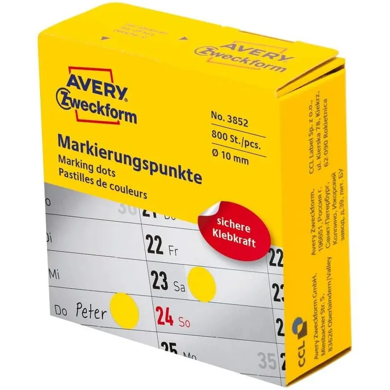 AVERY Zweckform 3852 selbstklebende Markierungspunkte (ø 10 mm, 800 Klebepunkte auf Rolle im Spender, runde Aufkleber für Kalender, Planer und zum Basteln) gelb
