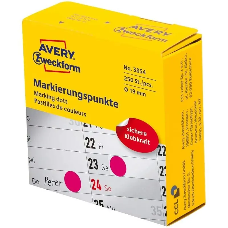 AVERY Zweckform 3854 selbstklebende Markierungspunkte (ø 19 mm, 250 Klebepunkte auf Rolle im Spender, runde Aufkleber für Kalender, Planer und zum Basteln) magenta