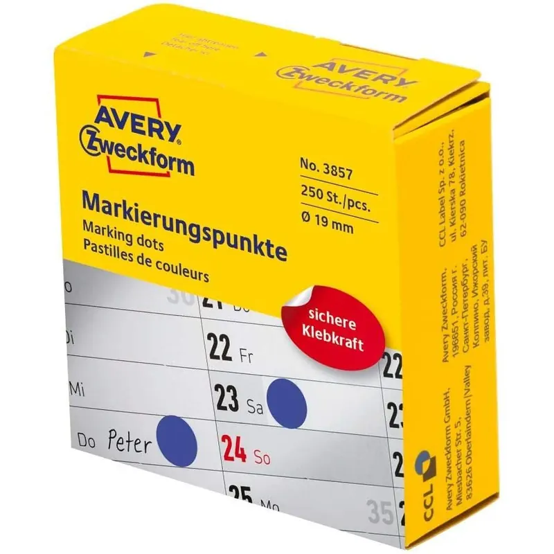 AVERY Zweckform 3857 selbstklebende Markierungspunkte (ø 19 mm, 250 Klebepunkte auf Rolle im Spender, runde Aufkleber für Kalender, Planer und zum Basteln) blau