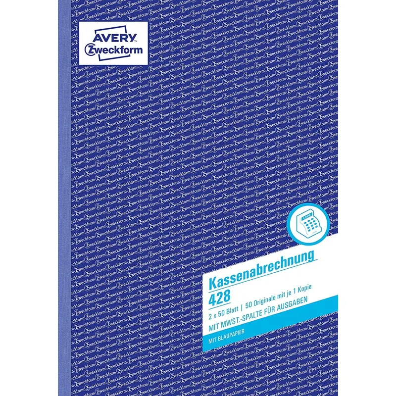 AVERY Zweckform 428 Kassenabrechnung (A4, mit MwSt.-Spalte, von Rechtsexperten geprüft, für Deutschland und Österreich zur ordnungsgemäßen, kostengünstigen Buchführung, 2x50 Blatt)