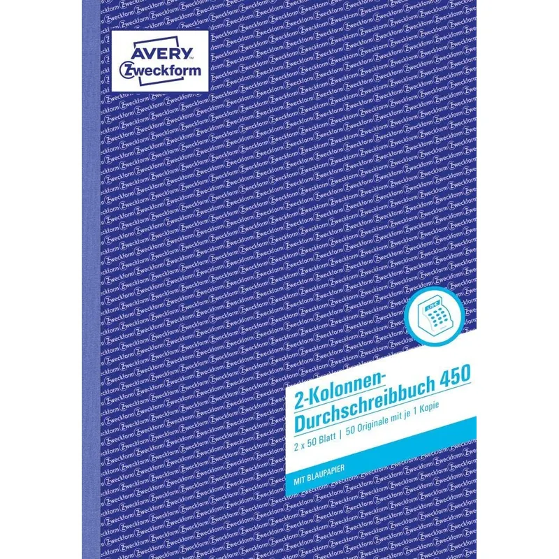 AVERY Zweckform 450 Kolonnen-Durchschreibbuch 2 Kolonnen (A4, mit 1 Blatt Blaupapier, Spaltenbuch, Geschäftsbuch, für Deutschland und Österreich zum Erstellen von Original und Kopie, 2x50 Blatt) weiß