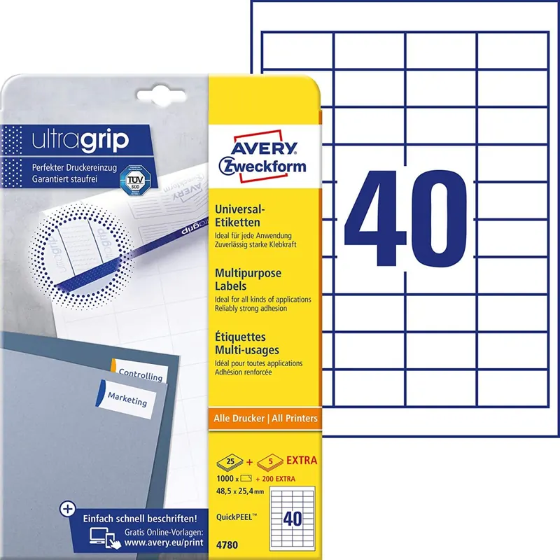 AVERY Zweckform 4780 Universal Etiketten (1.000 plus 200 Klebeetiketten extra, 48,5x25,4mm auf A4, Papier matt, individuell bedruckbar, selbstklebende Aufkleber mit ultragrip) 30 Blatt, weiß