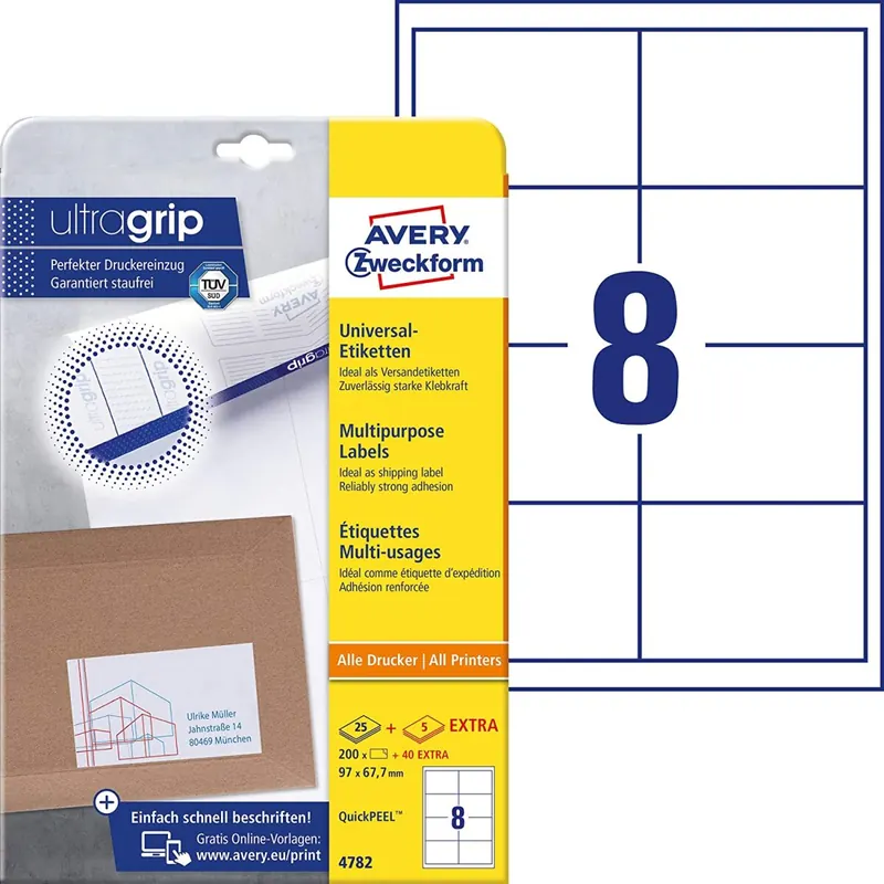 AVERY Zweckform 4782 Universal Etiketten (200 plus 40 Klebeetiketten extra, 97x67,7mm auf A4, bedruckbare Versandetiketten, selbstklebende Versandaufkleber mit ultragrip) 30 Blatt, weiß