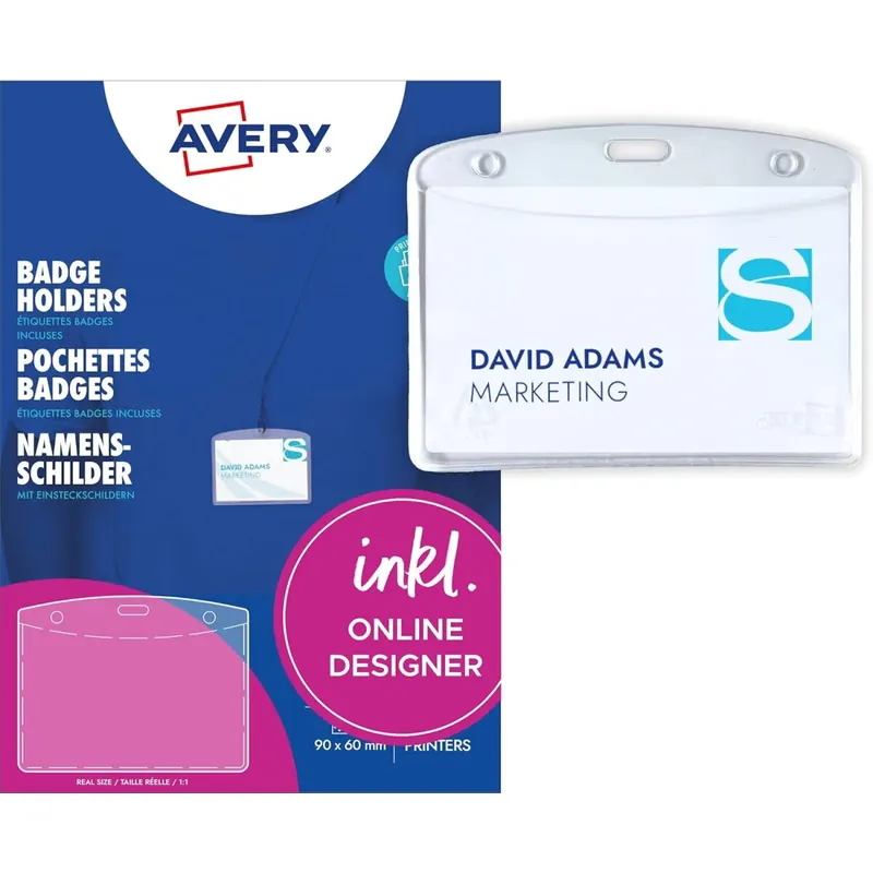 AVERY Zweckform 4823 Namensschilder für Kleidung 20 Stück (60x90mm, Namensschilder-Taschen transparente Ausweishüllen inkl. 24 Stück blanko Einsteckschilder) weiß