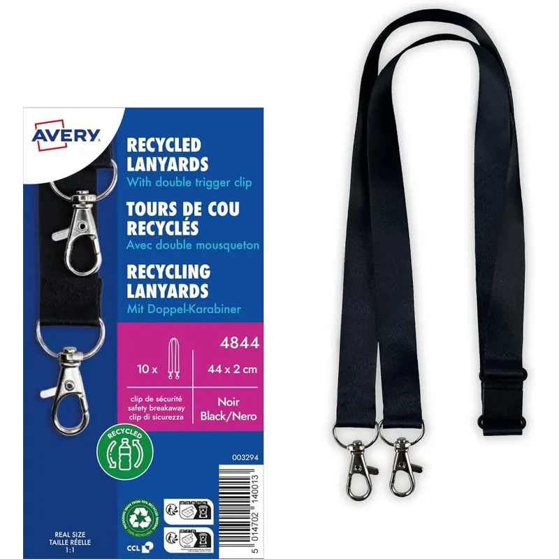 AVERY Zweckform 4844 Schlüsselband 10 Stck (44x2cm, Lanyard, Kartenhalter mit Doppelkarabinerhaken-Sicherheitsverschluss, für Ausweishülle, Kartenhülle, Namenschilder, Umhängeband, Nackenband) schwarz
