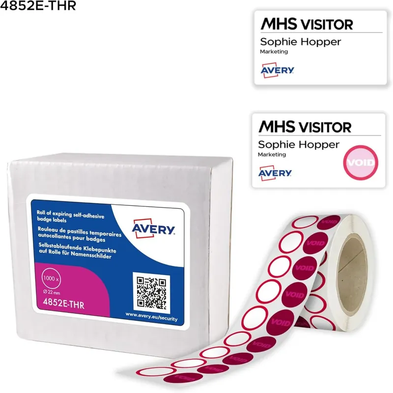 AVERY Zweckform 4852E-THR Selbstablaufende runde Klebepunkte (1 Rolle temporäre Markierungspunkten, Ø 22 mm, selbstklebend, ablösbar, ideal für Besucherausweisen & Namensschildern) weiß/rot