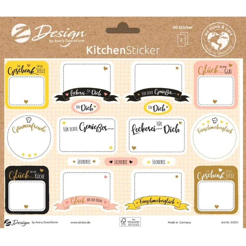 AVERY Zweckform 54551 Aufkleber Selbstgemacht 34 Sticker Gaumenfreude (Etiketten auf A5 Bogen, beschriftbare Klebeetiketten für Marmelade, Einmachen, Geschenke, Frühstücksbuffet, mit Goldeffekt)