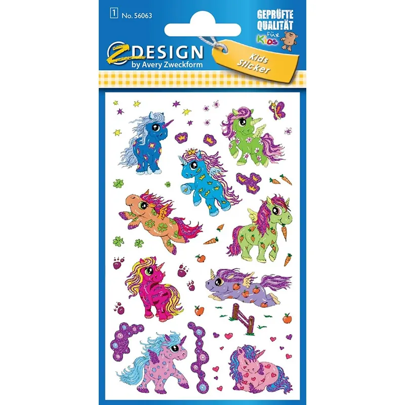 AVERY Zweckform 56063 Glitter Sticker Einhorn Aufkleber, Tiersticker, Kindersticker, Kindergeburtstag, Mitgebsel, Gastgeschenke, Preise Partyspiele, Schatzsuche, Mädchen Geschenke, 15 Sticker