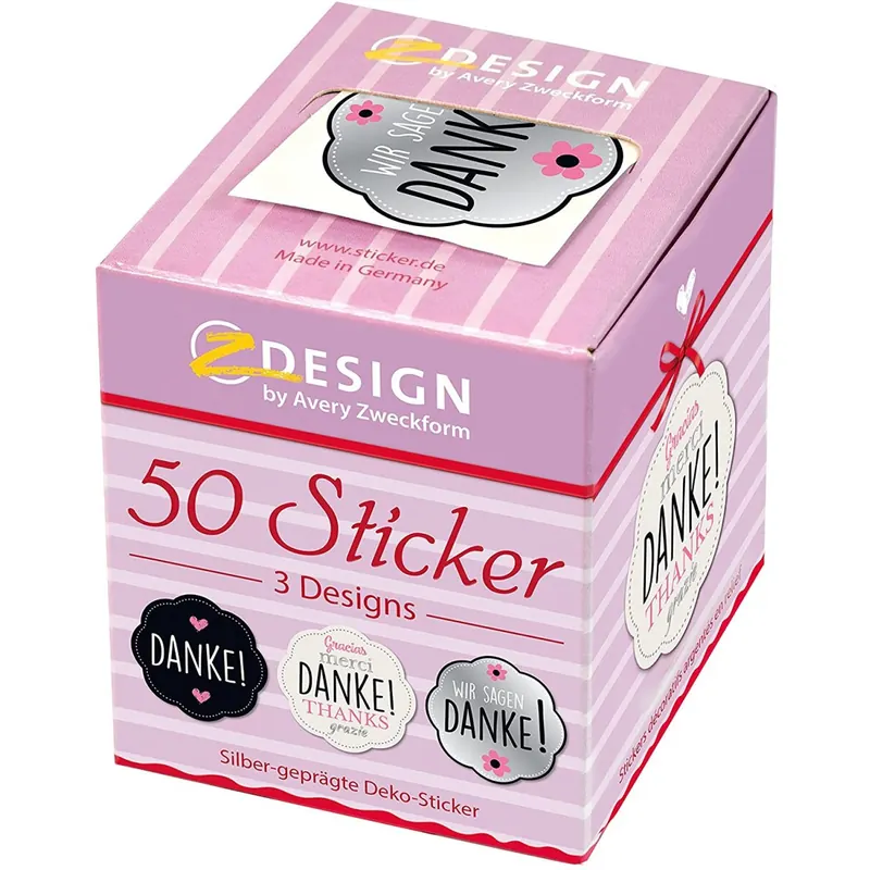 AVERY Zweckform 56856 Danke Sticker auf Rolle 50 Stück (Etiketten, Aufkleber, Papiersticker mit Silberprägung 38 mm im Spender, Hochzeit, Taufe, Kommunion, Geschenkaufkleber, Geburtstag, Danksagung)