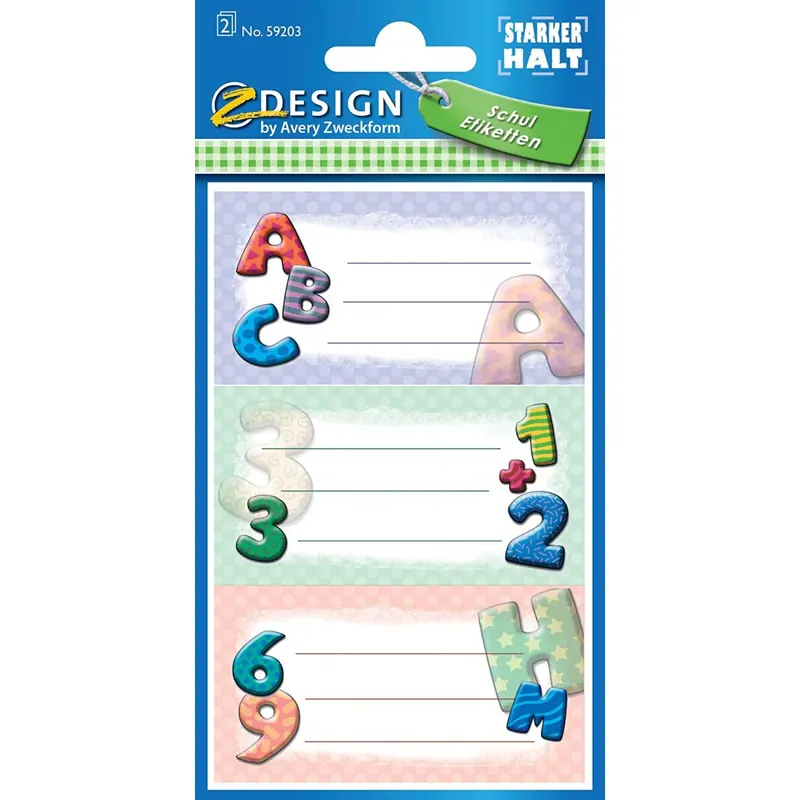 AVERY Zweckform 59203 Schuletiketten 6 Stück (Papier-Aufkleber für Mädchen und Jungen, blauer Rand,selbstklebend,starker Halt, beschriftbar, Namensschild, Namensaufkleber für Hefte, Mäppchen, Ordner)
