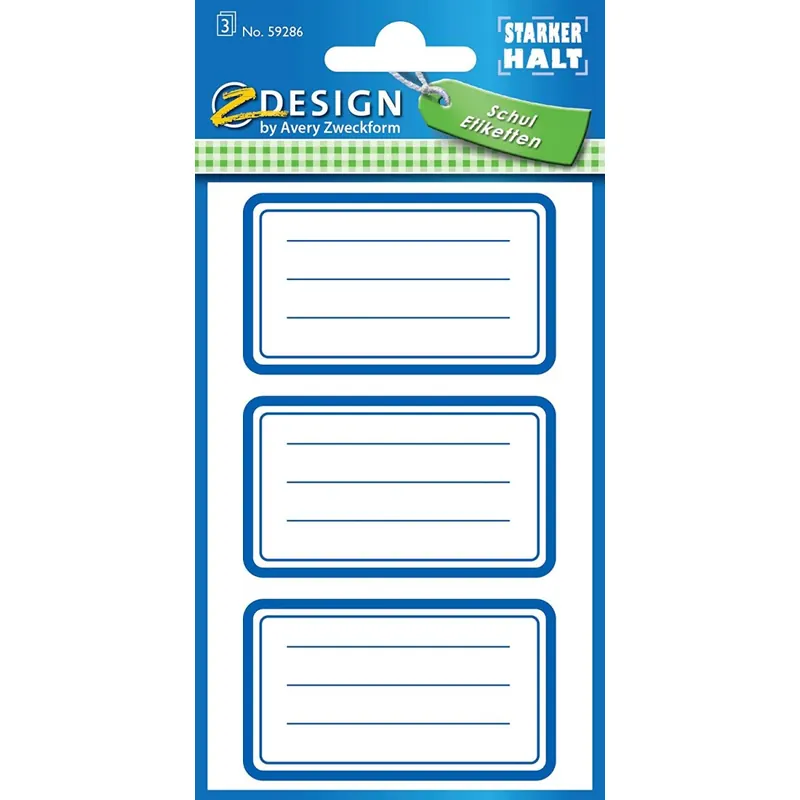 AVERY Zweckform 59286 Schuletiketten 9 Stück (Papier-Aufkleber für Mädchen und Jungen, blauer Rand,selbstklebend,starker Halt, beschriftbar, Namensschild, Namensaufkleber für Hefte, Mäppchen, Ordner)